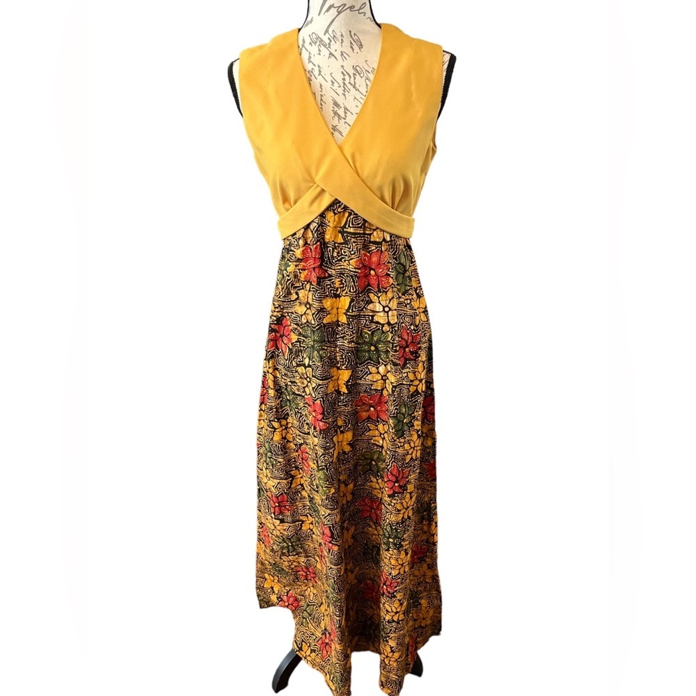 Handmade Vintage 70’s maxi floral dress yellow, & brown empire waist Small EUC​